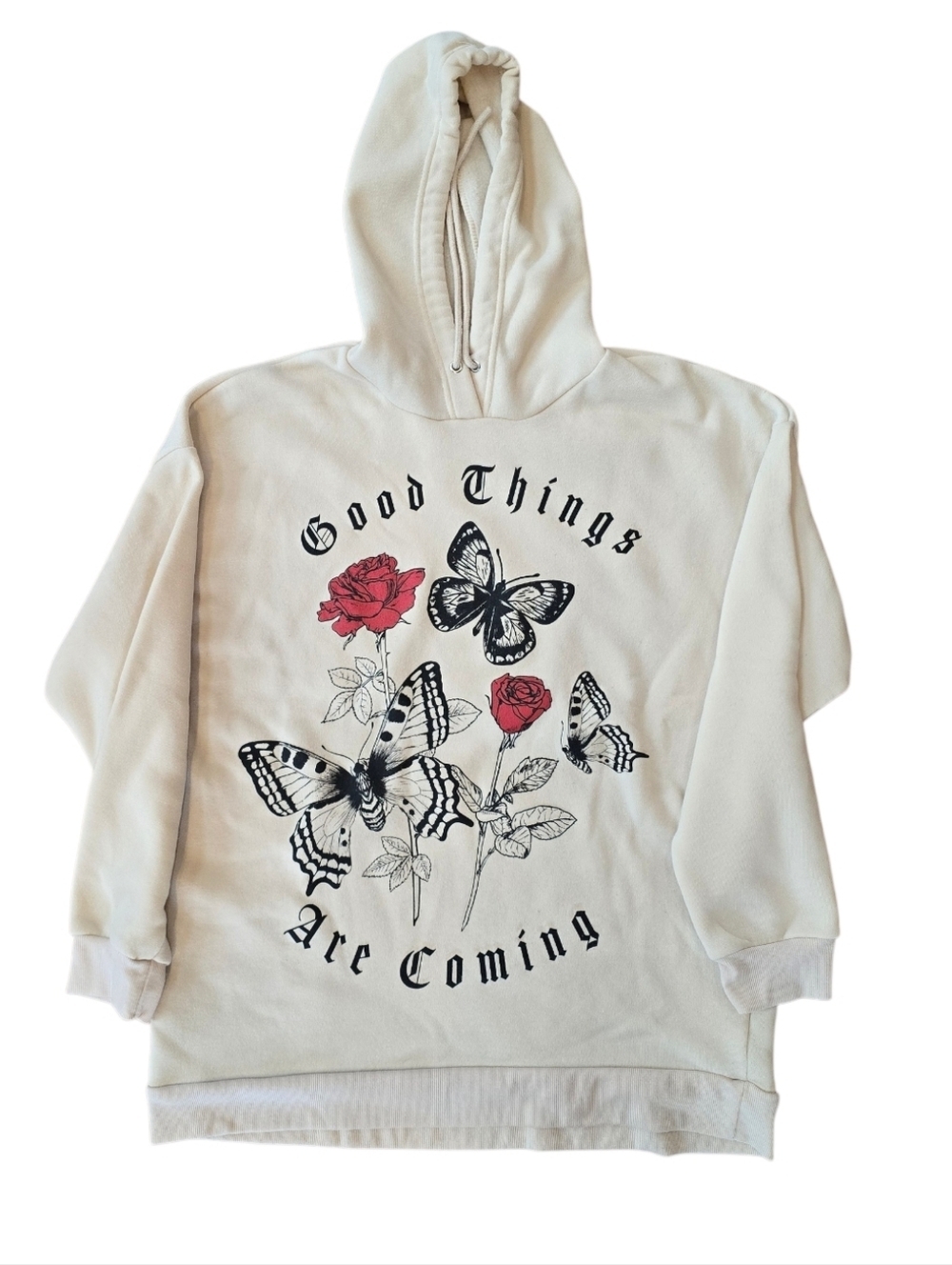 Faded Rose Creamy Beige Floral Oversized Pullover Hoodie Sweatshirt L